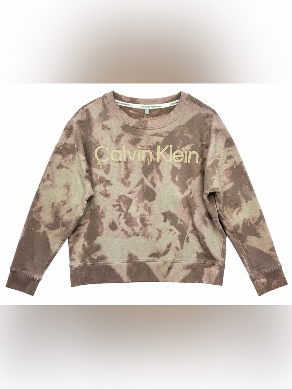 Calvin Klein Tie-Dye Crewneck Sweatshirt in Brown and Tan with Gold Logo